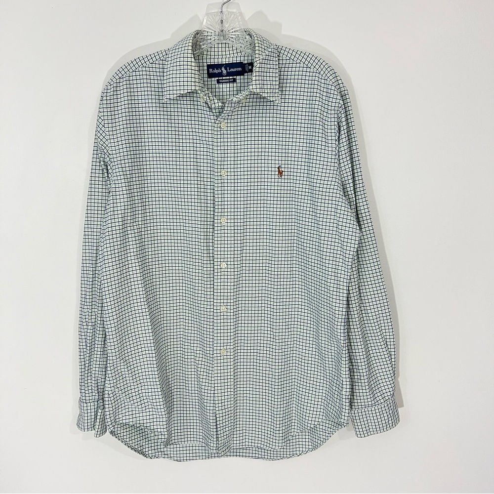 Ralph Lauren Green Navy White Plaid Button Down Shirt Size Medium